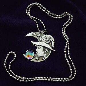 Brand New, Silver-tone Witch Moon Pendant Necklace with Colorful Accent
